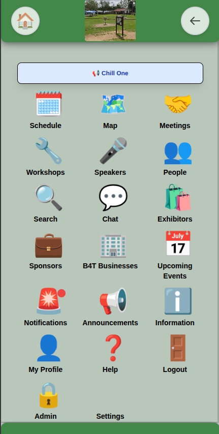 An Eventable home screen: an icon grid linking to Schedule, Map, Meetings, Workshops, Speakers, People, Search, Chat, Exhibitors, Sponsors, Announcements and Information.